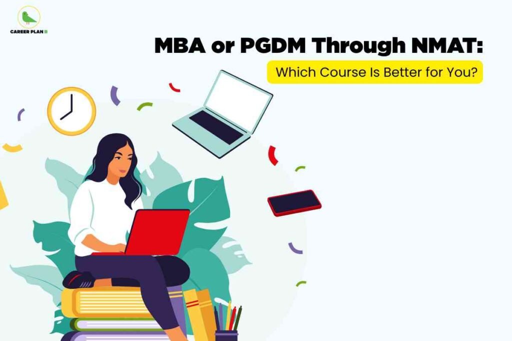 Illustration of a student studying on a laptop surrounded by books, representing the comparison of NMAT MBA vs PGDM courses and helping aspirants choose the better option.