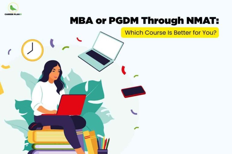 Illustration of a student studying on a laptop surrounded by books, representing the comparison of NMAT MBA vs PGDM courses and helping aspirants choose the better option.