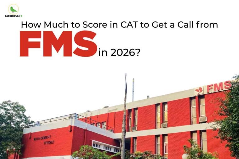 A bright graphic shows the red-brick Faculty of Management Studies (FMS) Delhi building at the bottom, surrounded by trees, with large black and red headline text above reading “How Much to Score in CAT to Get a Call from FMS in 2026?”, and the Career Plan B logo in the top left corner.