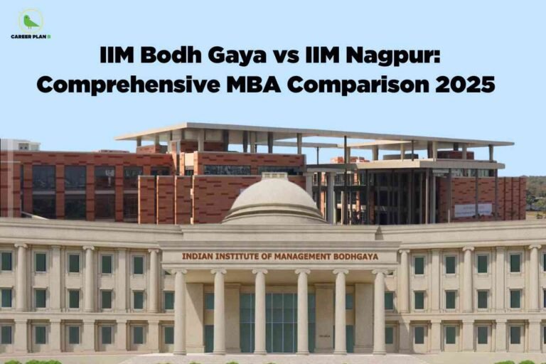 A bright blue sky frames a composite image of IIM Bodh Gaya’s grand domed academic block in the foreground and IIM Nagpur’s modern red-brick buildings in the background. Centered at the top in bold black text is the title “IIM Bodh Gaya vs IIM Nagpur: Comprehensive MBA Comparison 2025,” with the Career Plan B logo in the top left corner.