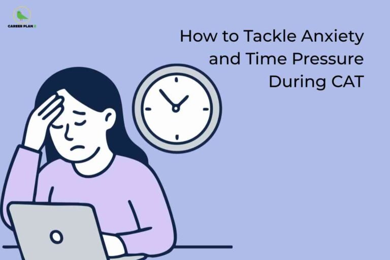 On a lavender background, an illustration shows a stressed student holding their forehead while sitting in front of a laptop, with a large wall clock ticking behind them. To the right, bold black text reads “How to Tackle Anxiety and Time Pressure During CAT,” and the Career Plan B logo appears in the top-left corner.