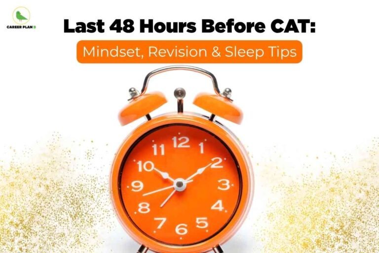 On a white background with gold confetti, a bright orange alarm clock sits in the center, showing the time around 10:10, symbolizing the countdown to the exam. Above it, bold black text reads “Last 48 Hours Before CAT:” with an orange banner below saying “Mindset, Revision & Sleep Tips,” and the Career Plan B logo appears in the top-left corner.
