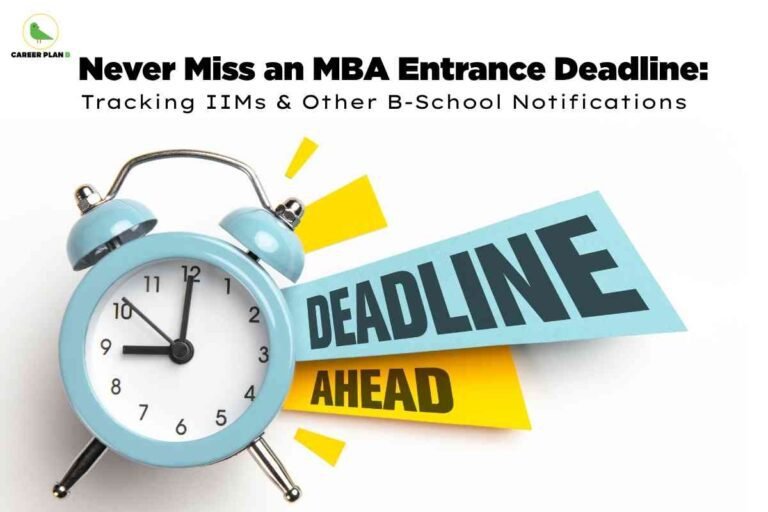 On a white background, a light blue alarm clock shows the time around 10:10, with bright yellow rays behind it to signal urgency. Next to the clock, large blue and yellow banners read “DEADLINE AHEAD,” while bold black text at the top says “Never Miss an MBA Entrance Deadline: Tracking IIMs & Other B-School Notifications,” with the Career Plan B logo in the top-left corner.