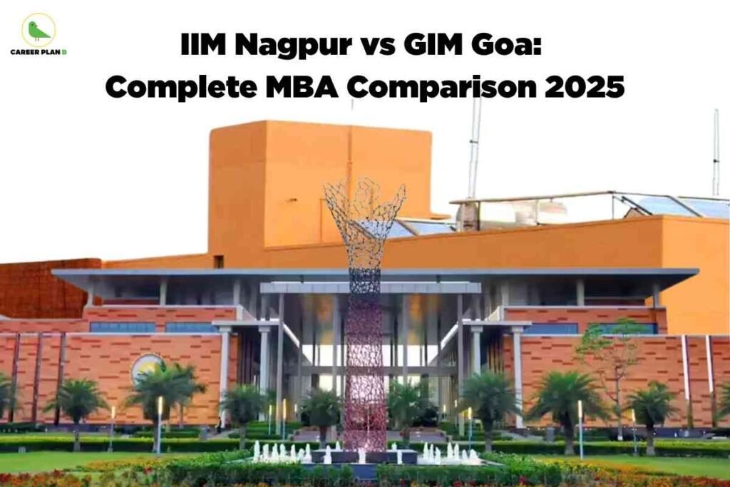 A wide shot of the modern orange-and-glass campus building at IIM Nagpur with landscaped lawns and a tall metal sculpture rising from a fountain in the foreground. Above the campus image, bold black text reads “IIM Nagpur vs GIM Goa: Complete MBA Comparison 2025,” with the Career Plan B logo in the top-left corner.