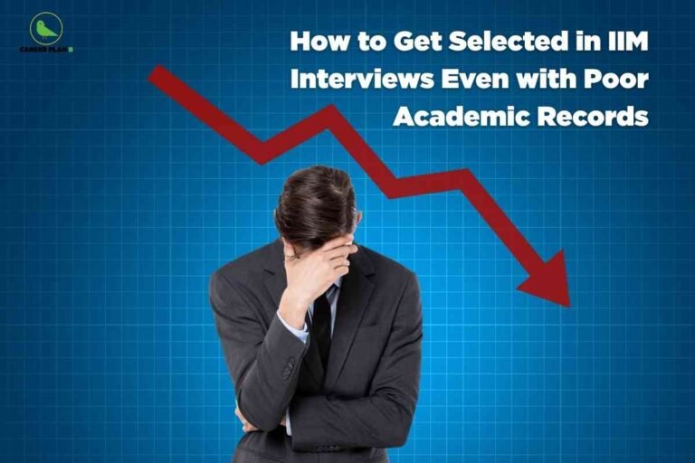 On a blue grid background, a worried man in a business suit stands with his head bowed and hand covering his face, while a bold red downward arrow zigzags across the top, symbolizing poor performance. At the upper right, large white text reads “How to Get Selected in IIM Interviews Even with Poor Academic Records,” with the Career Plan B logo in the top-left corner.
