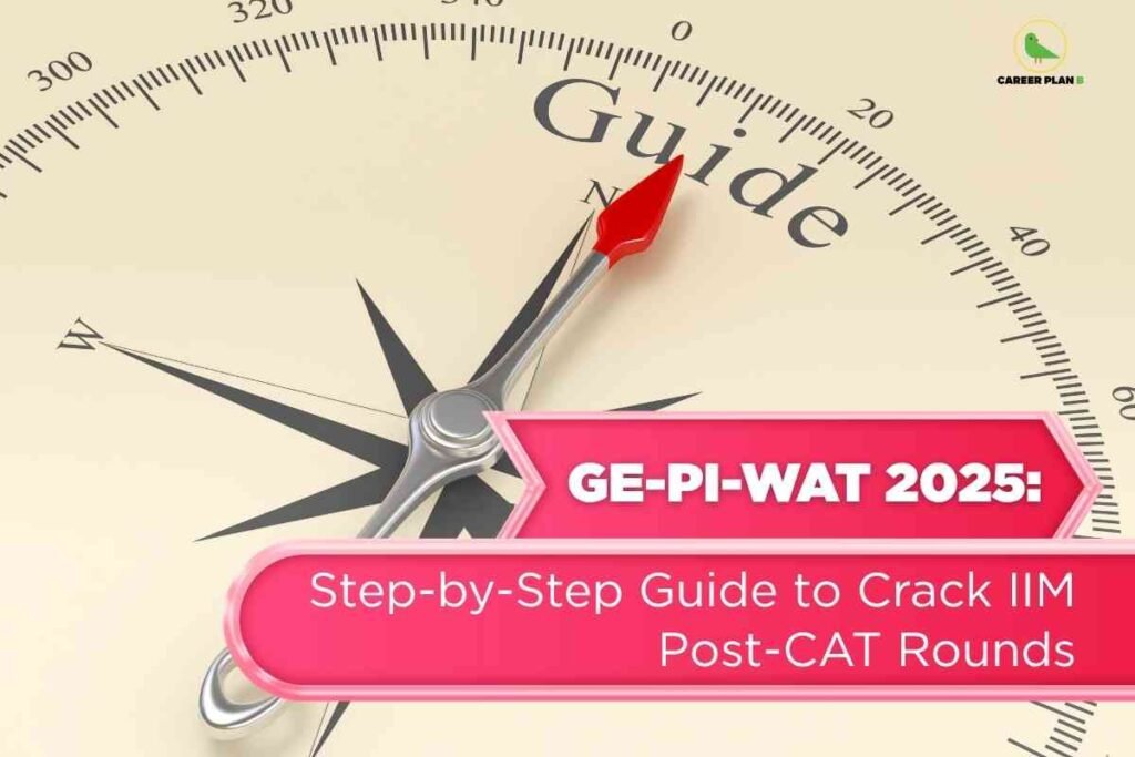 A large compass face fills the background, with its red needle pointing towards the word “Guide” at the top, symbolising direction and preparation. Across the bottom, a bright pink banner reads “GE-PI-WAT 2025: Step-by-Step Guide to Crank IIM Post-CAT Rounds,” with the Career Plan B logo in the top-right corner.