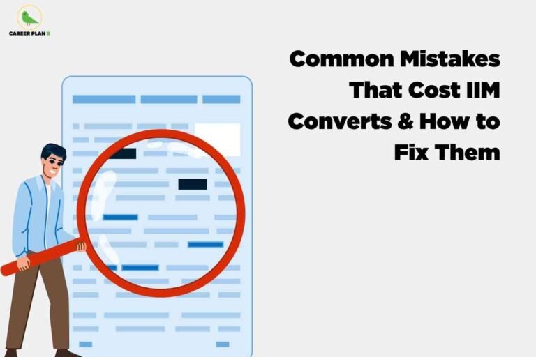 On a light grey background, bold black text on the right reads “Common Mistakes That Cost IIM Converts & How to Fix Them,” with the Career Plan B logo in the top-left corner. On the left, an illustrated candidate stands beside a large document while holding an oversized red magnifying glass over it, symbolising close review of errors that affect IIM conversions.