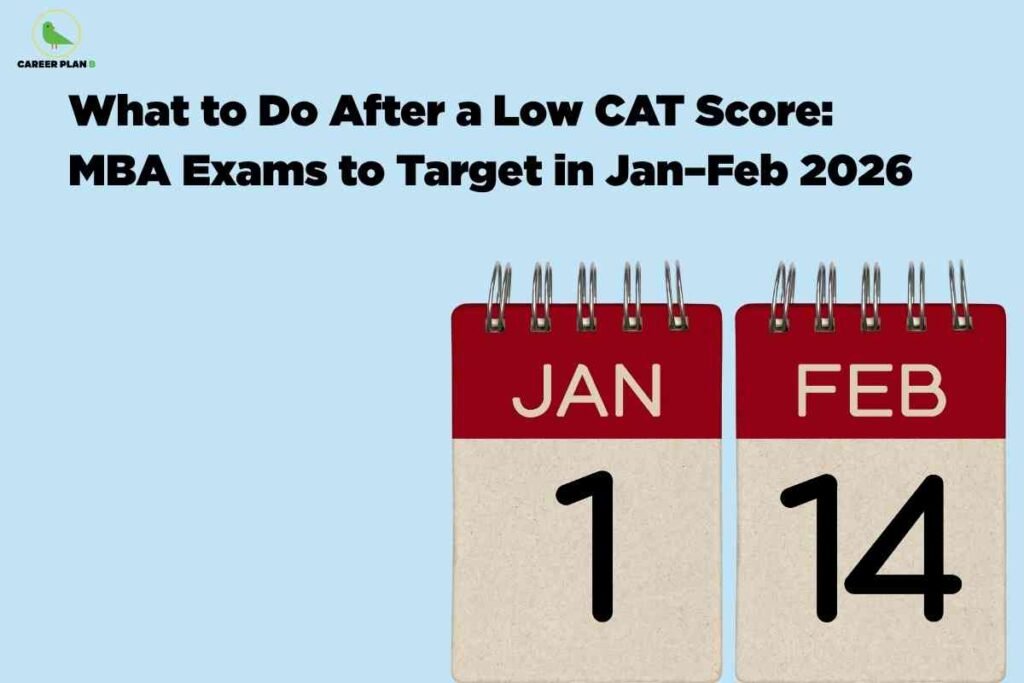 Illustration showing January and February desk calendars with highlighted dates, representing upcoming MBA entrance exams—perfect for explaining low CAT score options 2026 and the exams to target after a low CAT percentile.