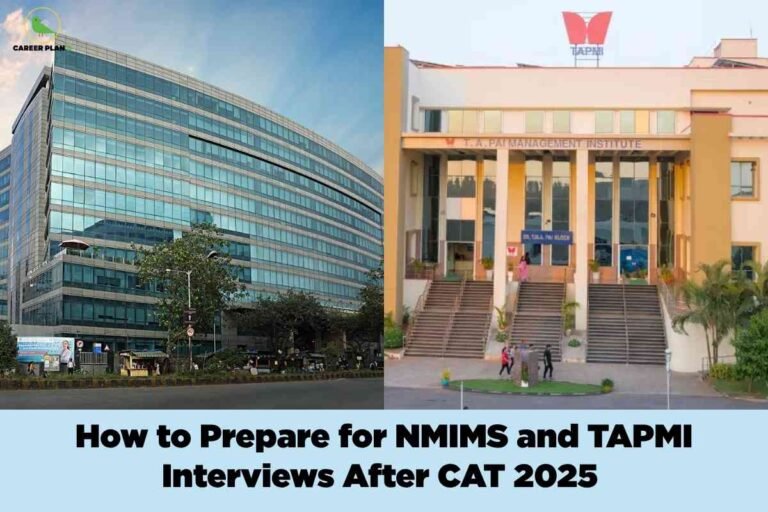 Campus buildings of NMIMS Mumbai and TAPMI Manipal side-by-side, representing interview preparation for CAT 2025 applicants.