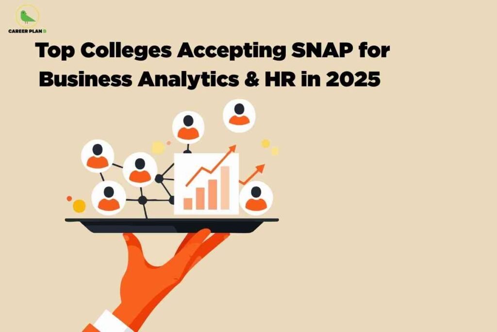 Illustration showing a hand holding a tray with business analytics icons, HR network icons, and growth charts, representing top colleges accepting SNAP for Business Analytics and HR in 2025.