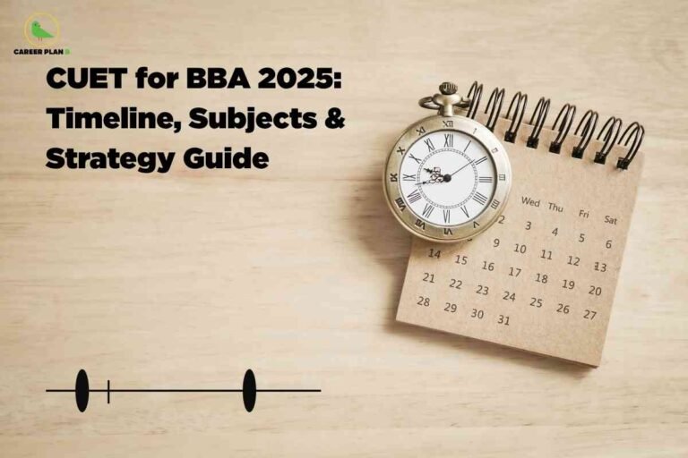 CUET BBA 2025 timeline and strategy guide visual showing calendar and clock symbolizing exam planning for BBA preparation.