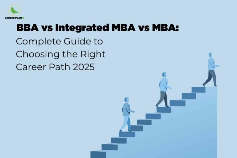 Illustration showing students climbing steps to represent academic growth, used as a cover image for the guide on BBA vs Integrated MBA vs MBA career paths in 2025.