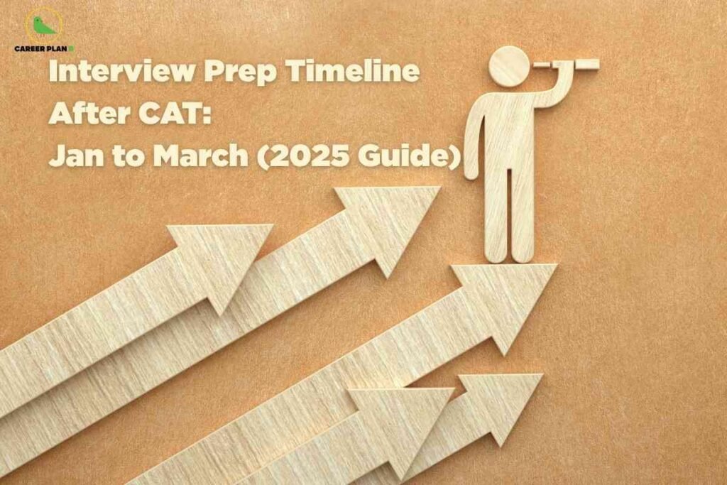 Illustration for CAT interview preparation showing a figure planning ahead with upward arrows, symbolizing the January to March interview strategy timeline.