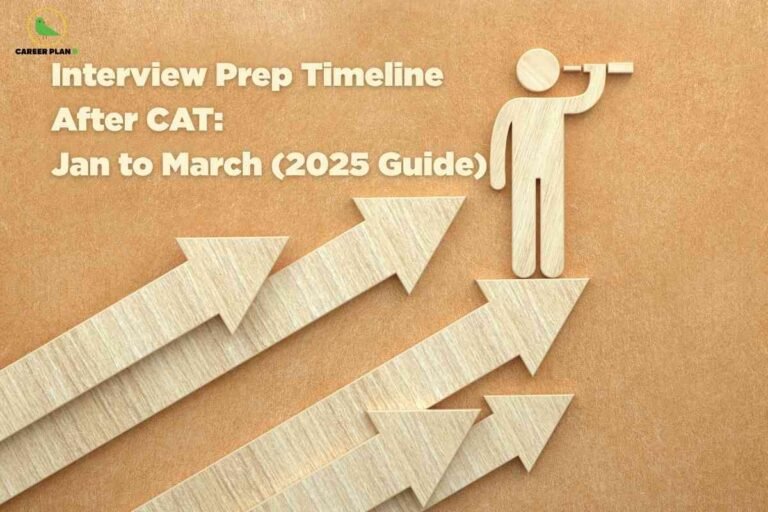 Illustration for CAT interview preparation showing a figure planning ahead with upward arrows, symbolizing the January to March interview strategy timeline.