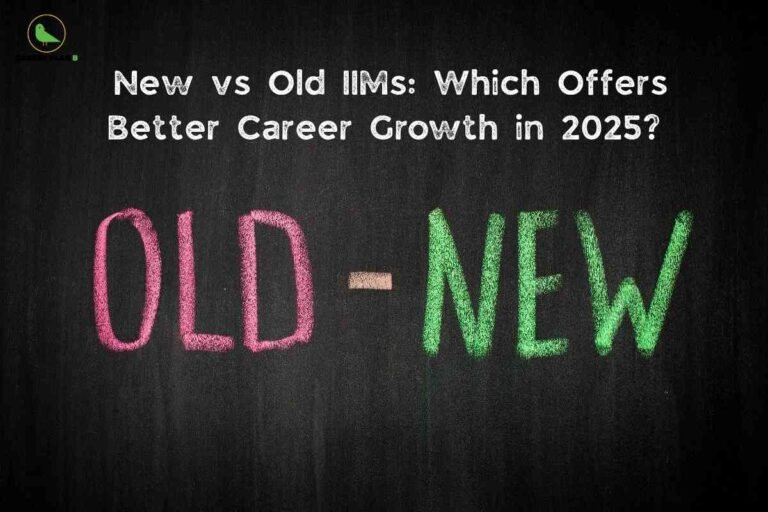 Chalkboard illustration showing the words ‘OLD’ and ‘NEW’ side by side, used as a visual cover for the comparison of New vs Old IIMs and their career growth outcomes in 2025.