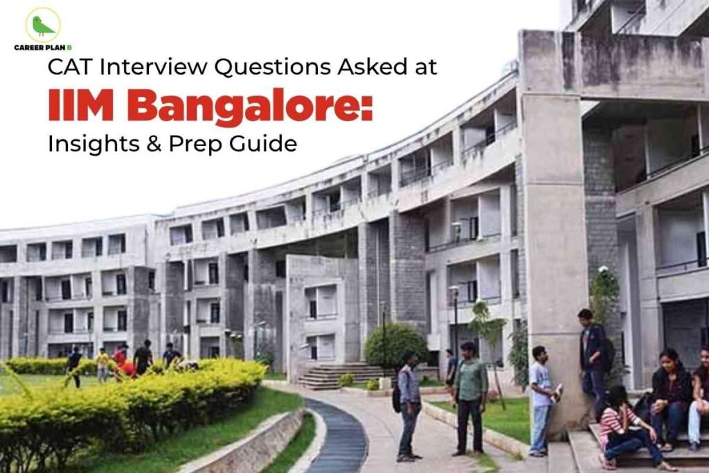 A wide shot of the curved grey academic block at IIM Bangalore shows students walking and chatting along a pathway beside green lawns, while bold text on the white sky area reads “CAT Interview Questions Asked at IIM Bangalore: Insights & Prep Guide,” with the Career Plan B logo in the top-left corner.