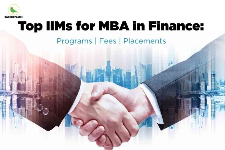 On a white background with a faint double‑exposure city skyline, two people in business suits are shown shaking hands in the centre, symbolising corporate finance and placements, while bold black heading text at the top reads “Top IIMs for MBA in Finance:” and a blue subheading below it says “Programs | Fees | Placements,” with the green bird “Career Plan B” logo in the top‑left corner.