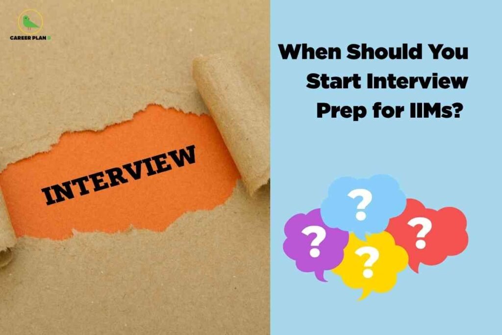 On the left, brown kraft paper is torn open to reveal an orange background with the word “INTERVIEW” printed in bold black letters, while on the right a light blue panel carries the title “When Should You Start Interview Prep for IIMs?” in bold black text above five colourful speech bubbles filled with white question marks, and the green bird “Career Plan B” logo appears in the top‑left corner.
