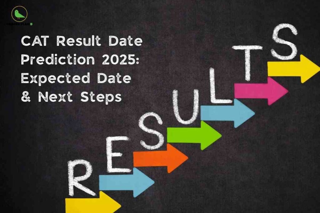 On a dark chalkboard-style background, white chalk text on the left reads “CAT Result Date Prediction 2025: Expected Date & Next Steps,” while on the right the word “RESULTS” is written vertically in large white chalk letters, each letter sitting on a brightly coloured arrow (yellow, blue, orange, green, pink, blue, yellow) pointing diagonally upward, with the green bird “Career Plan B” logo in the top‑left corner.