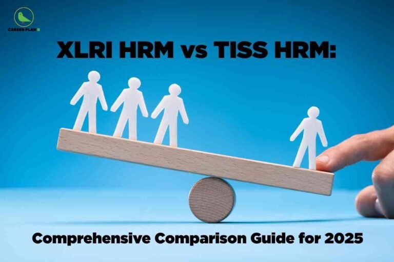 Comparison illustration for XLRI HRM vs TISS HRM showing balance scale with human figures, representing the evaluation of HR programs for 2025.