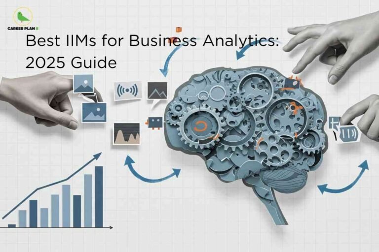 Illustration showing data charts, graphs, and analytical icons around a brain model, used as a cover image for a guide on the best IIMs for business analytics in 2025.
