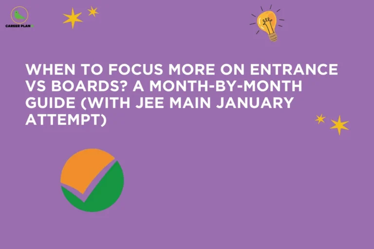 Purple banner image with educational icons like stars, a light bulb, and a check mark illustrating the topic “entrance vs board exams,” highlighting a month-by-month study guide for balancing board exam preparation with entrance exams such as JEE Main January attempt.