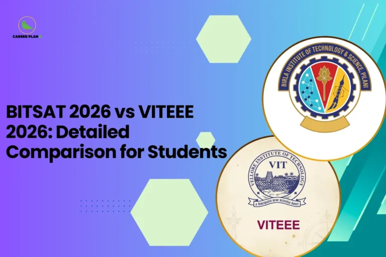 Educational banner comparing BITSAT vs VITEEE, featuring the logos of Birla Institute of Technology and Science (BITS Pilani) and VIT University on a blue gradient background, highlighting a detailed comparison of BITSAT 2026 vs VITEEE 2026 for engineering aspirants.