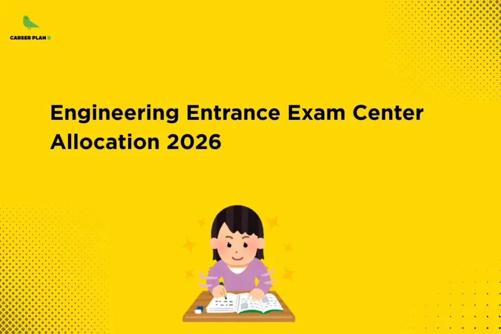 Yellow educational banner showing a student studying at a desk with the title “Engineering Entrance Exam Center Allocation 2026,” illustrating information about JEE Main 2026 Exam Center Allocation for engineering aspirants awaiting their allotted test centers.