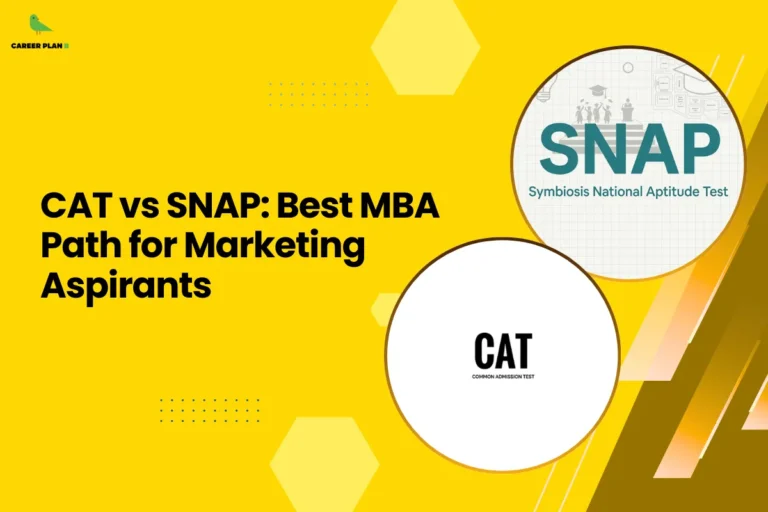 Yellow educational banner comparing CAT vs SNAP, displaying the logos of the Common Admission Test (CAT) and Symbiosis National Aptitude Test (SNAP), highlighting the best MBA path for marketing aspirants preparing for management entrance exams.