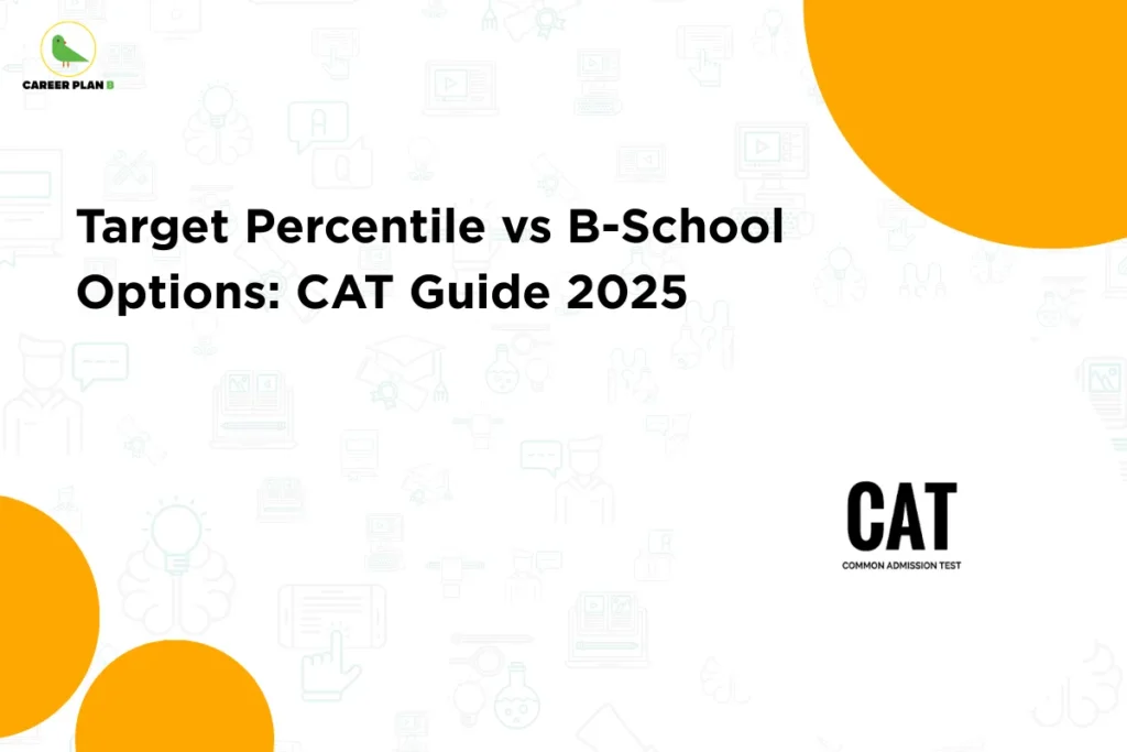 Minimalist educational banner with the text “Target Percentile vs B-School Options: CAT Guide 2025” and the CAT exam logo, illustrating insights about CAT 2025 Percentile targets and MBA college options for management aspirants.