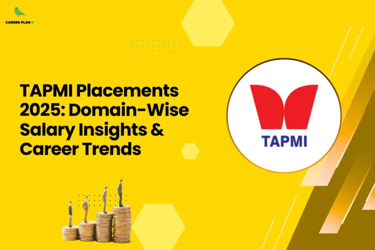 Yellow educational banner highlighting TAPMI Placements 2025, featuring the TAPMI logo and an illustration of professionals standing on stacked coins to represent domain-wise salary insights and career trends for MBA graduates.