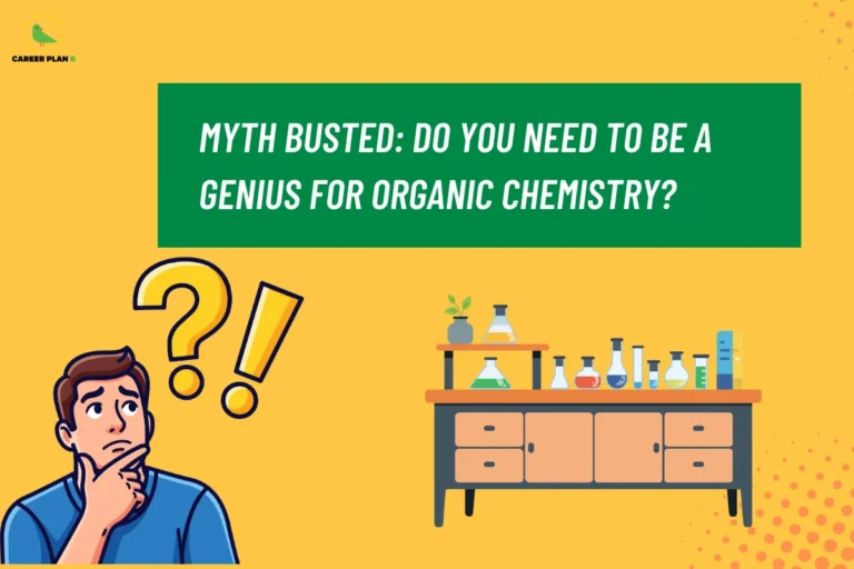 Illustration of a student looking confused with question marks beside a laboratory table filled with chemistry flasks and test tubes under the title “Myth Busted: Do You Need to Be a Genius for Organic Chemistry?”, highlighting helpful Organic Chemistry Tips for students learning the subject.