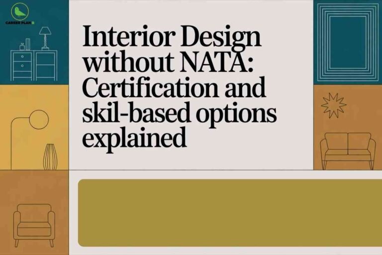 Decorative graphic showing furniture outlines and modern interior elements with bold text about certification and skill-based options, representing alternative pathways to pursue interior design without NATA.