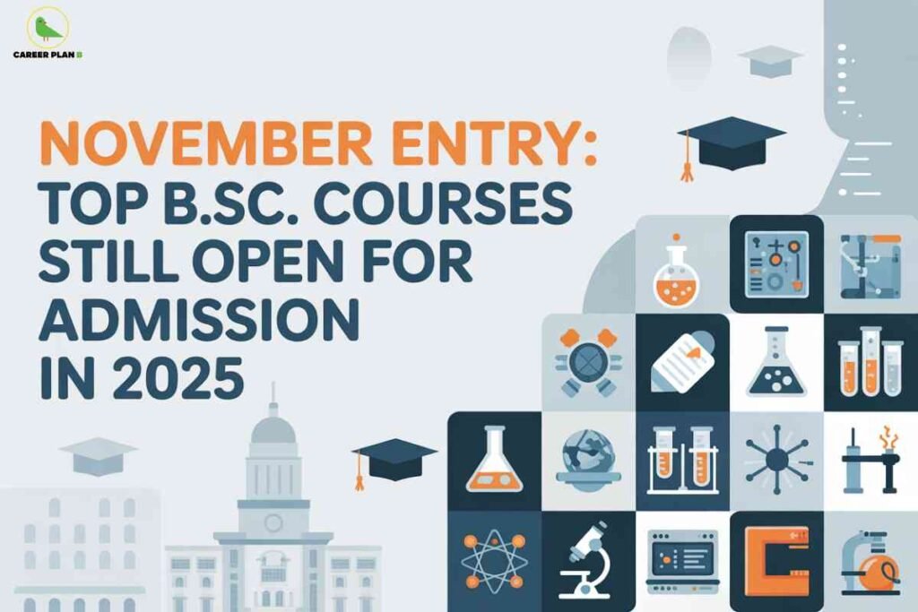 Illustration showing science icons, laboratory equipment, and graduation caps highlighting November entry options for B.Sc admission 2025 in top colleges.