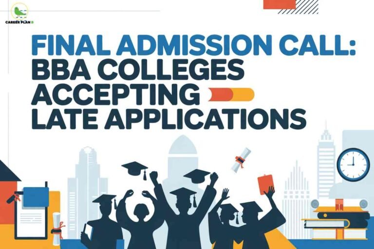 Illustration showing students celebrating graduation with documents, books, and clocks in the background, highlighting BBA late admission colleges accepting final applications.