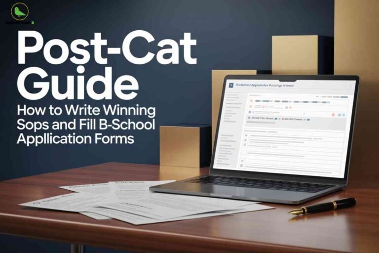 Laptop displaying a B-school application form with SOP documents and a pen on a desk, illustrating a detailed post CAT guide for writing SOPs and filling MBA application forms.