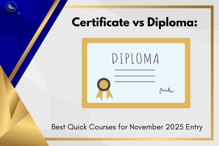 Illustration comparing certificate vs diploma courses showing a diploma certificate graphic, used for a guide on quick course options for November 2025 entry.