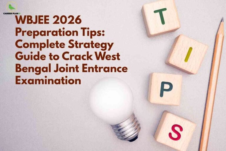 Illustration showing WBJEE 2026 preparation tips with wooden letter blocks spelling “TIPS,” a pencil, and a light bulb, alongside text highlighting a complete strategy guide to crack the West Bengal Joint Entrance Examination.