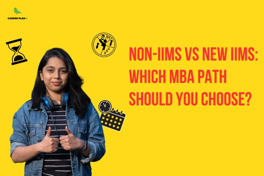 Student with headphones giving a thumbs-up against a yellow background with icons of a clock, calendar, and hourglass, illustrating the comparison topic “New IIMs vs Non-IIMs” and helping MBA aspirants decide which management institute path to choose.