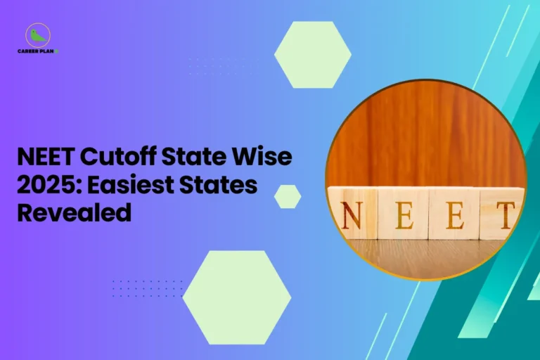 This banner features a modern gradient background transitioning from purple on the left to teal on the right, consistent with the Career Plan B visual identity. The layout incorporates geometric hexagonal accents, subtle dotted patterns, and diagonal graphic streaks that create a structured and contemporary academic design. The headline is bold and left-aligned, balanced by a circular visual frame on the right. The headline reads, “NEET Cutoff State Wise 2025: Easiest States Revealed,” clearly positioning the content as an analytical guide for NEET aspirants evaluating admission opportunities across different states. The topic focuses on comparing state-wise cutoff trends for 2025 and identifying states where the qualifying threshold may be relatively lower, helping students plan their counseling strategy. On the right side, a circular frame displays wooden blocks arranged to spell “NEET.” This visual symbolizes the exam itself and represents the central role of NEET scores in determining medical college admissions. The imagery reinforces the theme of exam performance and state-wise admission analysis. At the top-left corner, the Career Plan B logo with its green bird icon ensures brand consistency and reflects structured career planning and informed academic decision-making. The overall design communicates clarity, comparison-based insight, and strategic guidance for NEET counseling and admission planning.