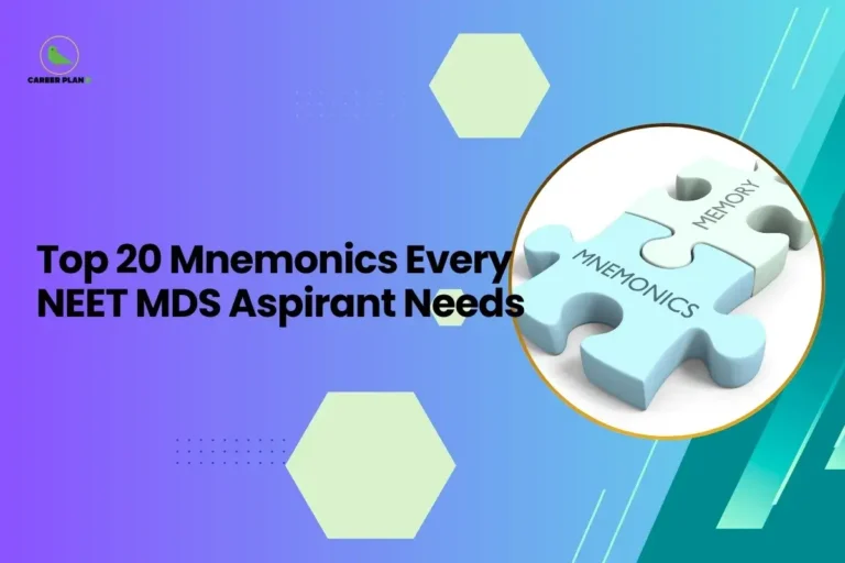 this image contains a purple-to-blue gradient educational graphic with the text “Top 20 Mnemonics Every NEET MDS Aspirant Needs” and a circular photo of puzzle pieces labeled “MNEMONICS” and “MEMORY,” with hexagon shapes and the Career Plan B green bird logo in the top left, representing study techniques and exam preparation