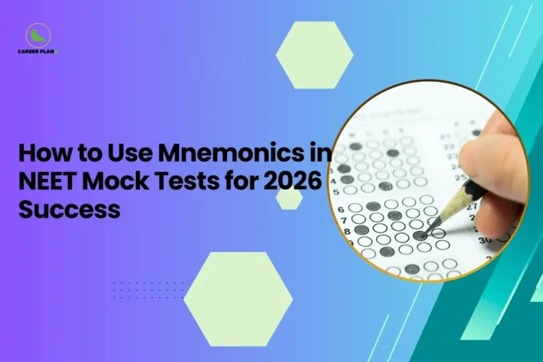 This image is a Career Plan B educational banner featuring a modern purple-to-teal gradient background with subtle hexagonal design elements for a clean academic aesthetic. The headline reads, “How to Use Mnemonics in NEET Mock Tests for 2026 Success,” emphasizing smart memory techniques and exam strategy. On the right side, inside a circular frame, there is a close-up image of a hand filling bubbles on an OMR answer sheet with a pencil, symbolizing mock test practice and performance optimization. The Career Plan B logo with a small green bird icon appears in the top-left corner, reinforcing the theme of guided preparation and strategic exam planning.