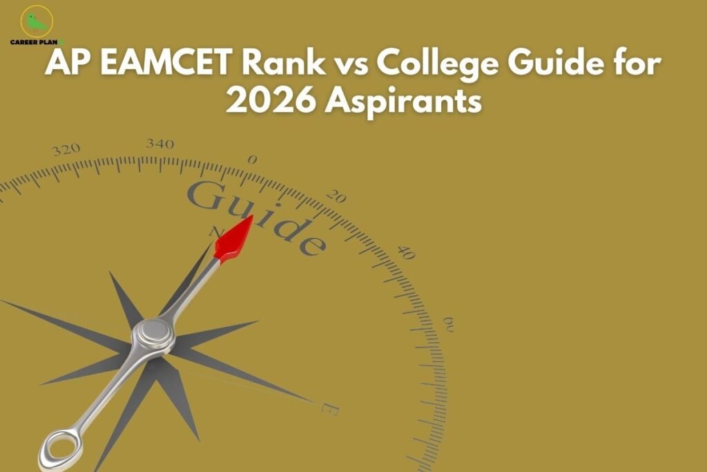 A conceptual 3D compass with a red needle pointing toward the word "Guide," set against a mustard-yellow background featuring the text "AP EAMCET Rank vs College Guide for 2026 Aspirants." The Career Plan B logo, consisting of a green bird icon inside a yellow circle, is positioned in the top-left corner. This visual represents an AP EAMCET rank wise colleges search for engineering and pharmacy students in Andhra Pradesh.