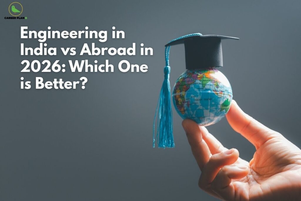 A person's hand holding a small globe wearing a black graduation cap with a blue tassel, set against a dark grey background. The image includes the text "Engineering in India vs Abroad in 2026: Which One is Better?" with the Career Plan B logo—a green bird in a yellow circle—positioned in the top left corner. This visual serves as a guide for students comparing Engineering in India vs Abroad for their future careers.