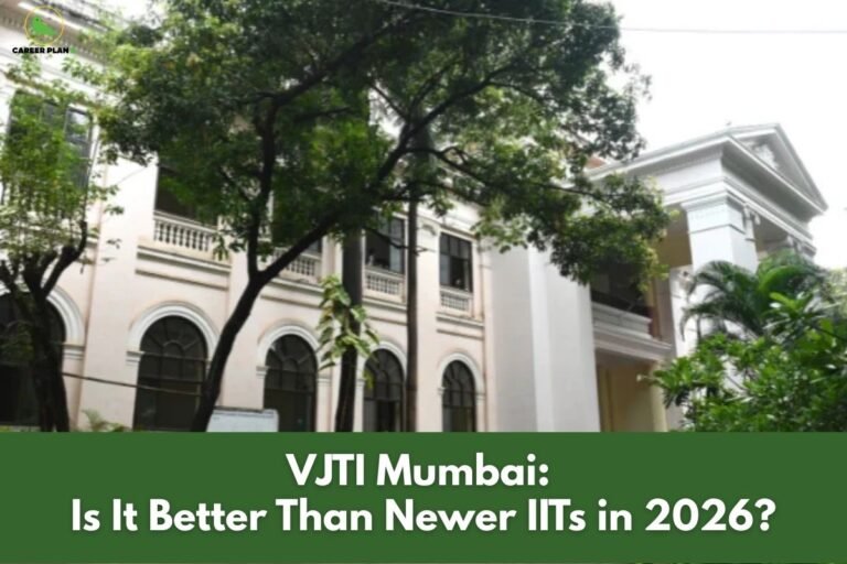 An external view of the historic white colonial-style building of Veermata Jijabai Technological Institute (VJTI) in Mumbai, framed by lush green trees. The bottom of the image features a dark green banner with white text that reads "VJTI Mumbai: Is It Better Than Newer IITs in 2026?". The Career Plan B logo, a green bird in a yellow circle, is clearly visible in the top-left corner. This image provides a visual comparison to help students determine is VJTI better than IITs for their engineering education.