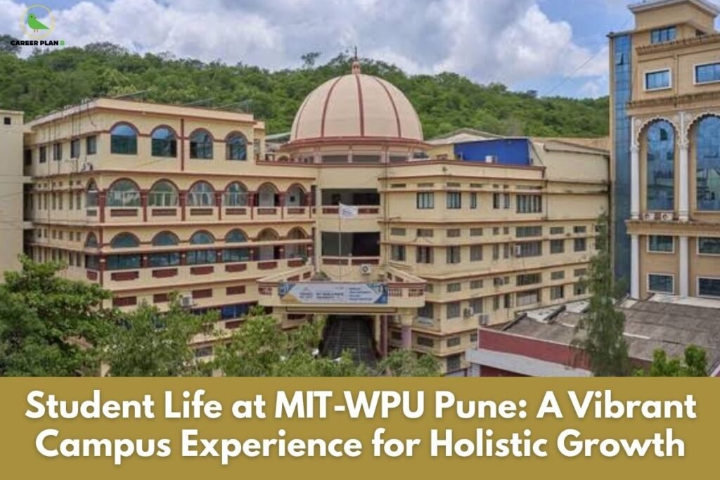 A wide-angle view of the iconic yellow and brown multi-story campus building of MIT World Peace University (MIT-WPU) in Pune, featuring its distinctive large central dome and arched windows against a backdrop of green hills. The image includes a gold banner at the bottom with white text reading "Student Life at MIT-WPU Pune: A Vibrant Campus Experience for Holistic Growth," and the Career Plan B logo—a green bird in a yellow circle—in the top-left corner. This visual captures the essence of student life at MIT WPU Pune for prospective applicants.