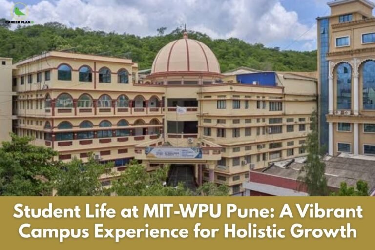 A wide-angle view of the iconic yellow and brown multi-story campus building of MIT World Peace University (MIT-WPU) in Pune, featuring its distinctive large central dome and arched windows against a backdrop of green hills. The image includes a gold banner at the bottom with white text reading "Student Life at MIT-WPU Pune: A Vibrant Campus Experience for Holistic Growth," and the Career Plan B logo—a green bird in a yellow circle—in the top-left corner. This visual captures the essence of student life at MIT WPU Pune for prospective applicants.
