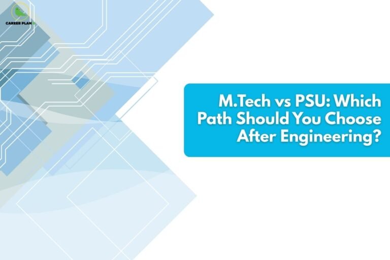 A modern abstract graphic featuring overlapping blue and white geometric squares and circuit-like lines, symbolizing technical career paths. A prominent blue text box on the right asks, "M.Tech vs PSU: Which Path Should You Choose After Engineering?". The Career Plan B logo, a green bird in a yellow circle, is placed in the top-left corner. This image acts as a visual guide for graduates deciding between M.Tech vs PSU after engineering.