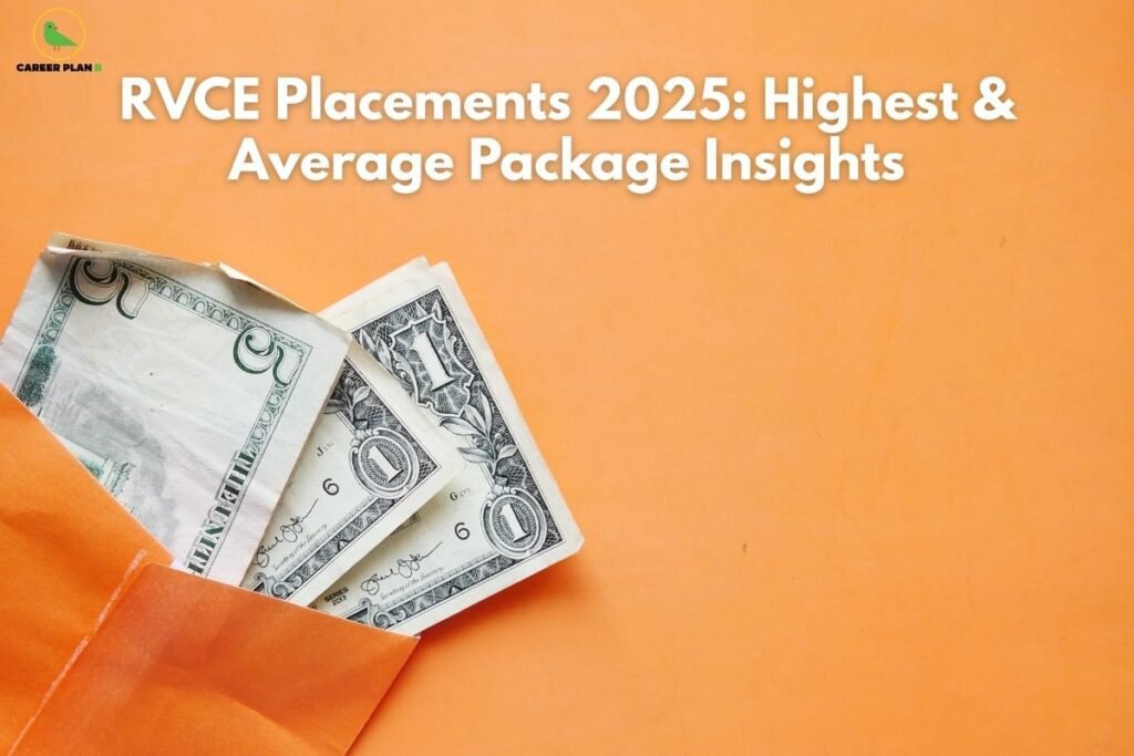 A vibrant orange background featuring an open envelope with US dollar bills tucked inside, symbolizing financial success and career earnings. The image includes white bold text that reads "RVCE Placements 2025: Highest & Average Package Insights." In the top-left corner, the Career Plan B logo, featuring a green bird inside a yellow circle, is clearly visible. This graphic serves as a guide for students researching RVCE placements 2025 and potential salary packages.
