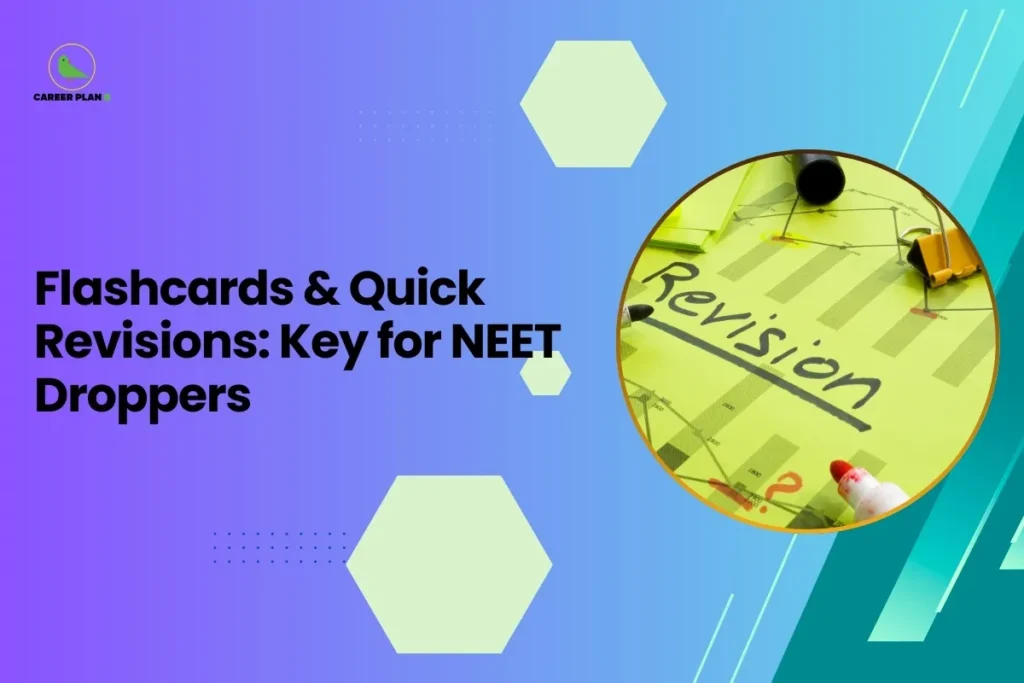 A vibrant purple and teal gradient background featuring the title "Flashcards & Quick Revisions: Key for NEET Droppers" in bold black text. The image includes a circular inset showing a close-up of a neon green revision sheet with handwritten notes, charts, and a red marker. The Career Plan B logo, consisting of a green bird icon inside a yellow circle, is placed in the top-left corner. This visual provides a practical look at a neet revision plan designed for students retaking the exam.